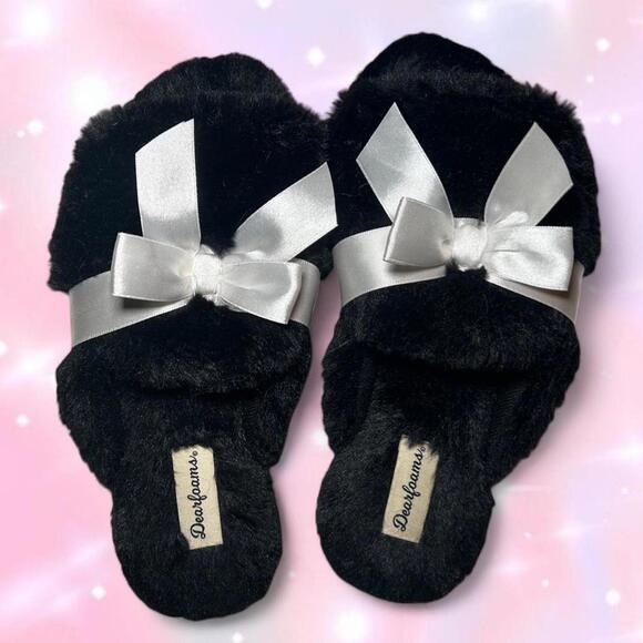 Dearfoams Shoes - Black Dearfoams Slippers With White Bows